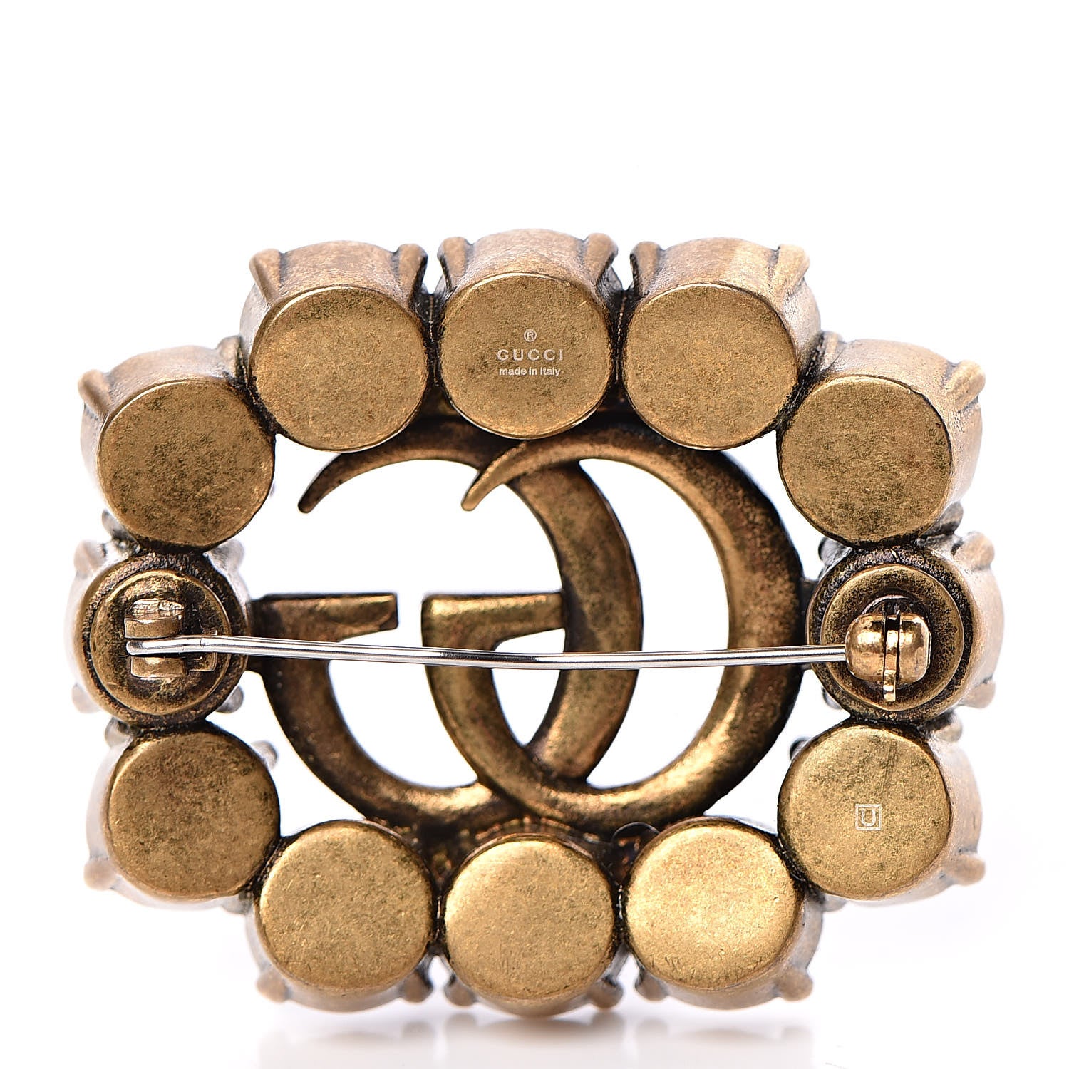 Gucci Metal Crystal Double G Brooch Aged Gold 3 of 5