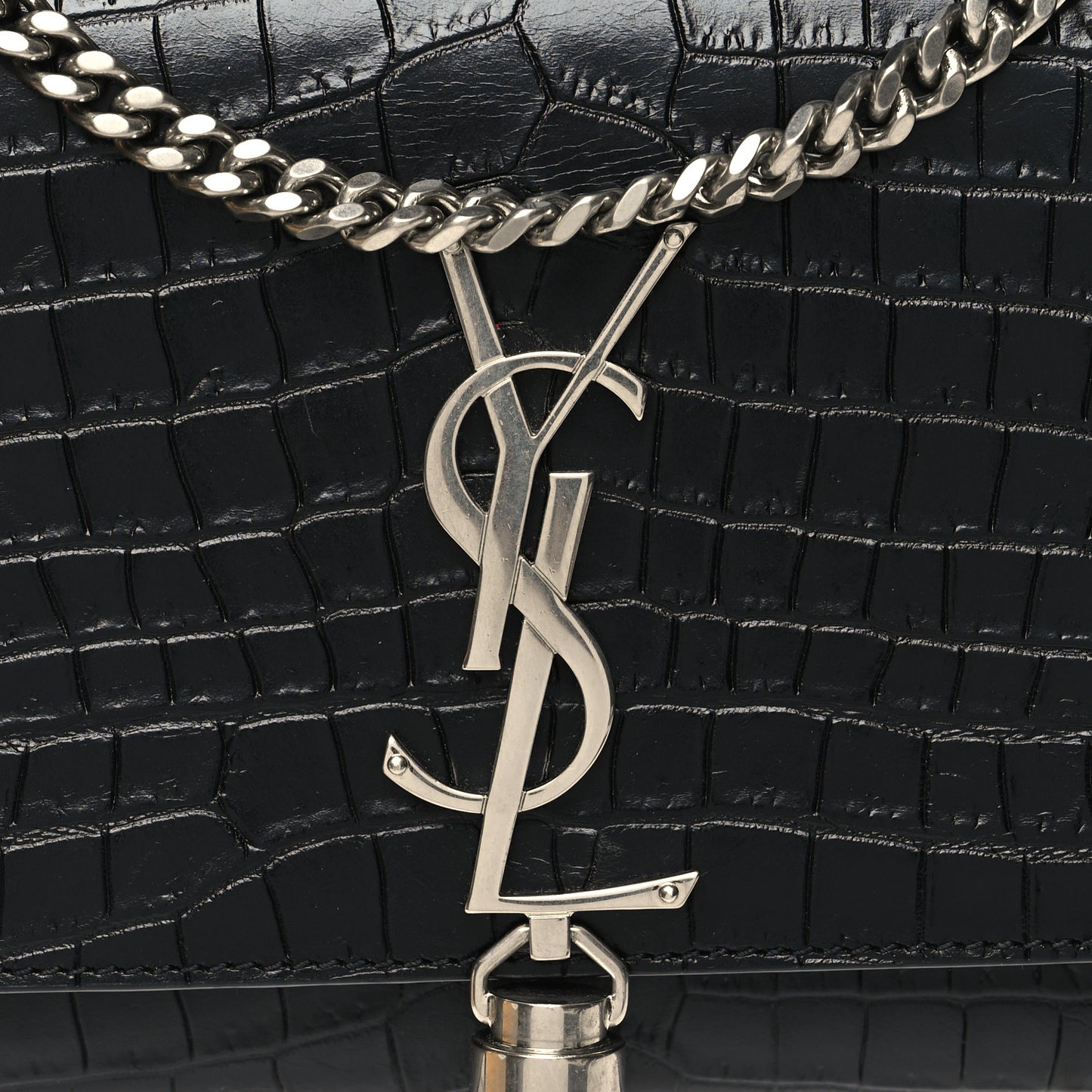 Calfskin Crocodile Embossed Small Classic Monogram Kate Tassel Satchel Black