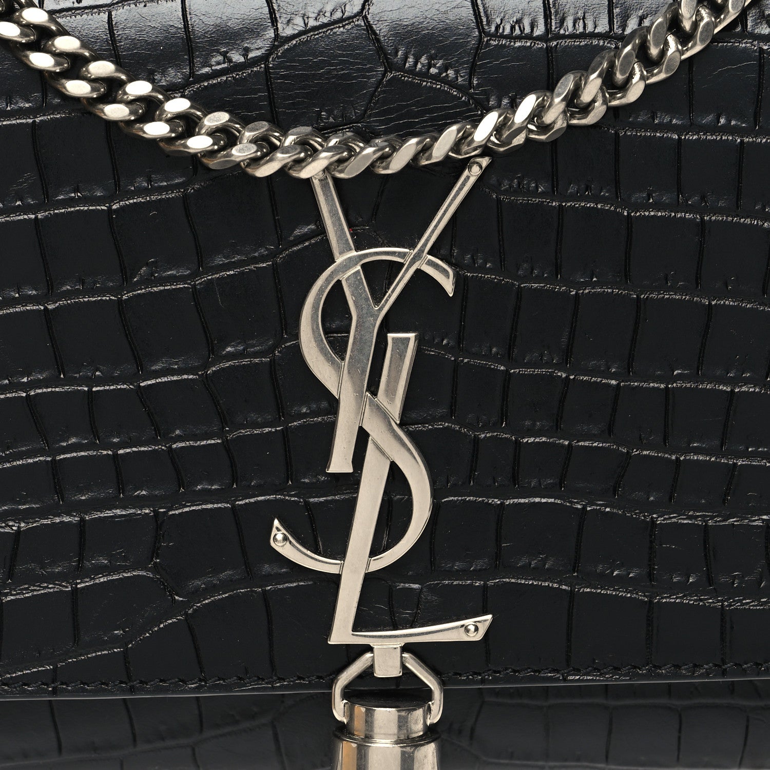 Saint Laurent Calfskin Crocodile Embossed Small Classic Monogram Kate Tassel Satchel Black 7 of 9