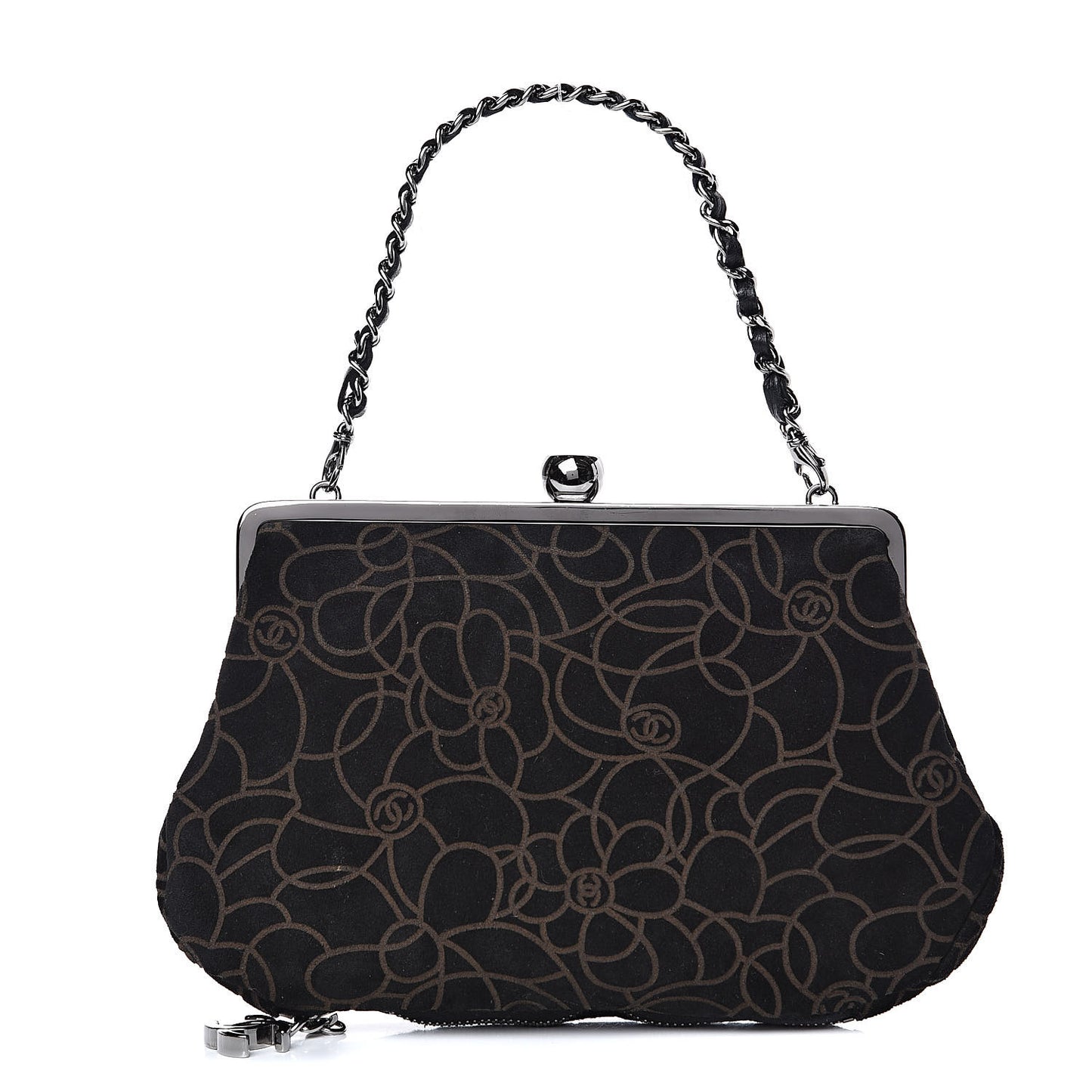 Suede Camellia Embossed Clutch Bag Black