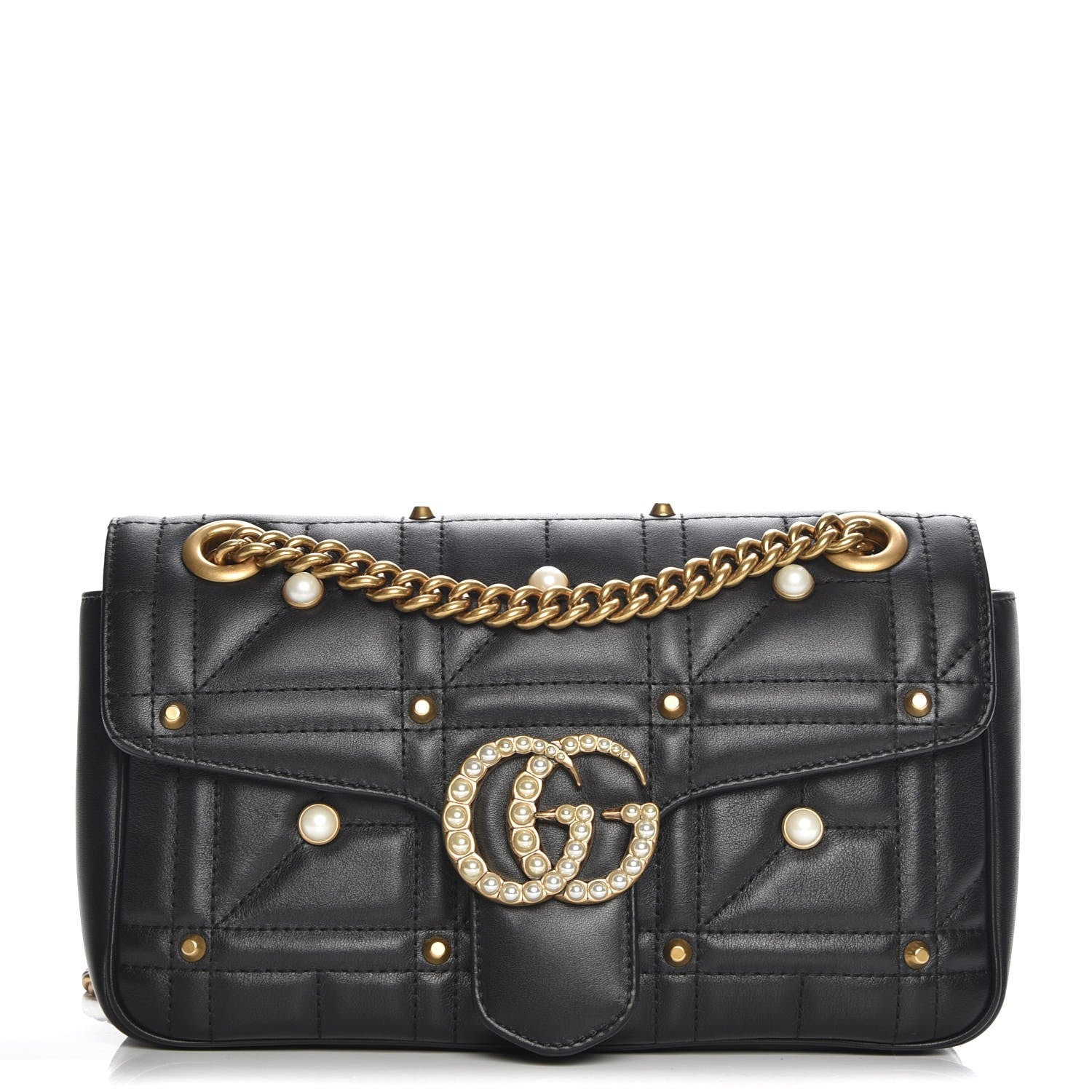 Gucci Calfskin Matelasse Studded Small Pearly GG Marmont Shoulder Bag Black 1 of 7