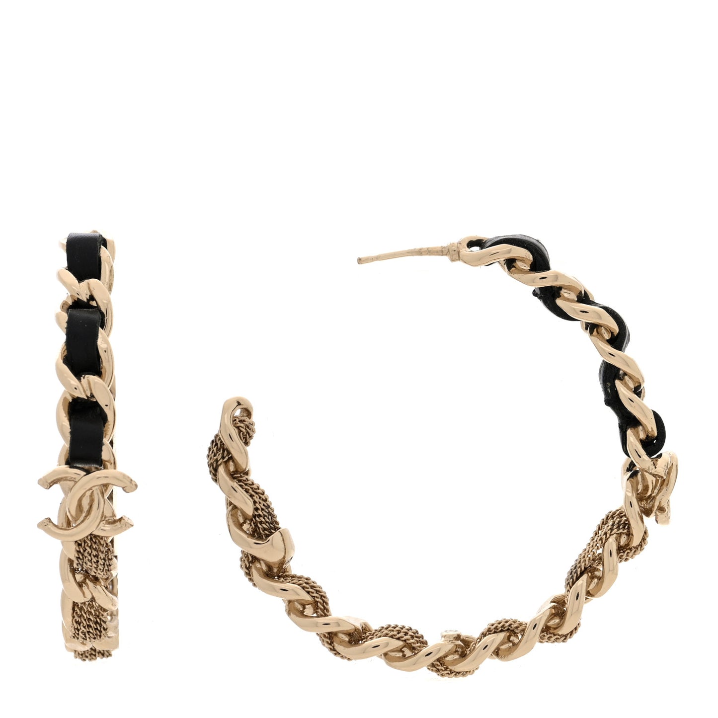 Lambskin CC Chain Hoop Earrings Gold Black