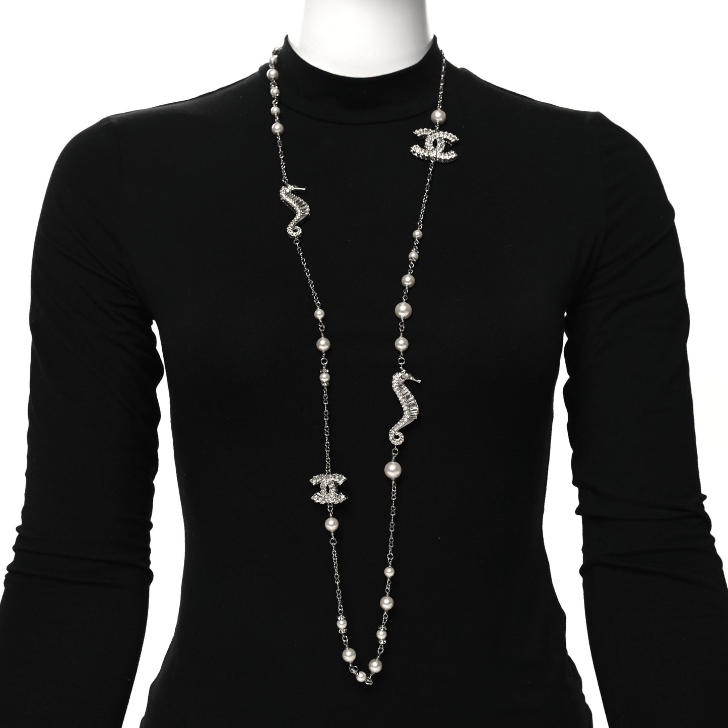 Crystal Baguette Pearl CC Seahorse Long Necklace Silver