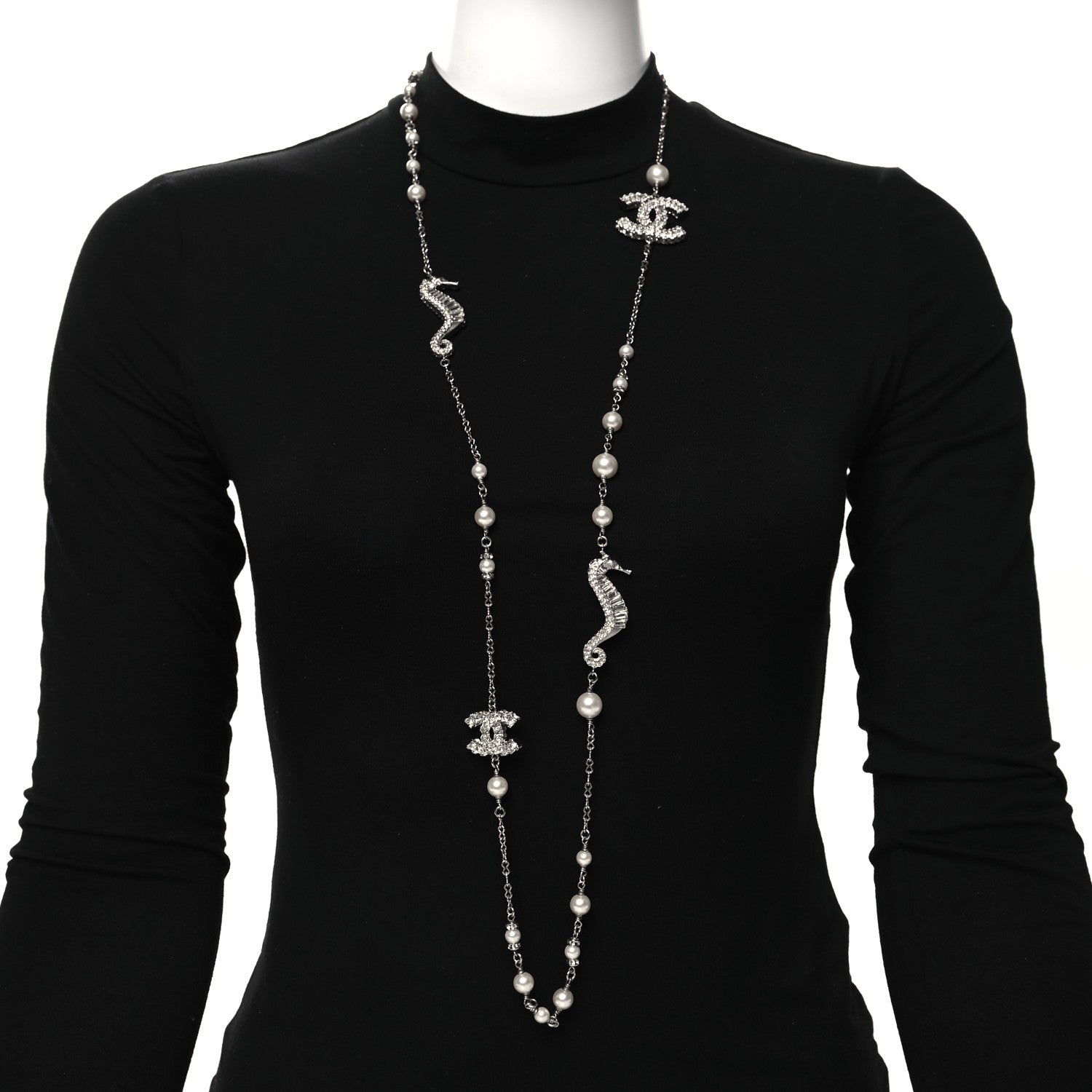 Chanel Crystal Baguette Pearl CC Seahorse Long Necklace Silver 2 of 5