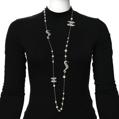 Chanel Crystal Baguette Pearl CC Seahorse Long Necklace Silver 2 of 5