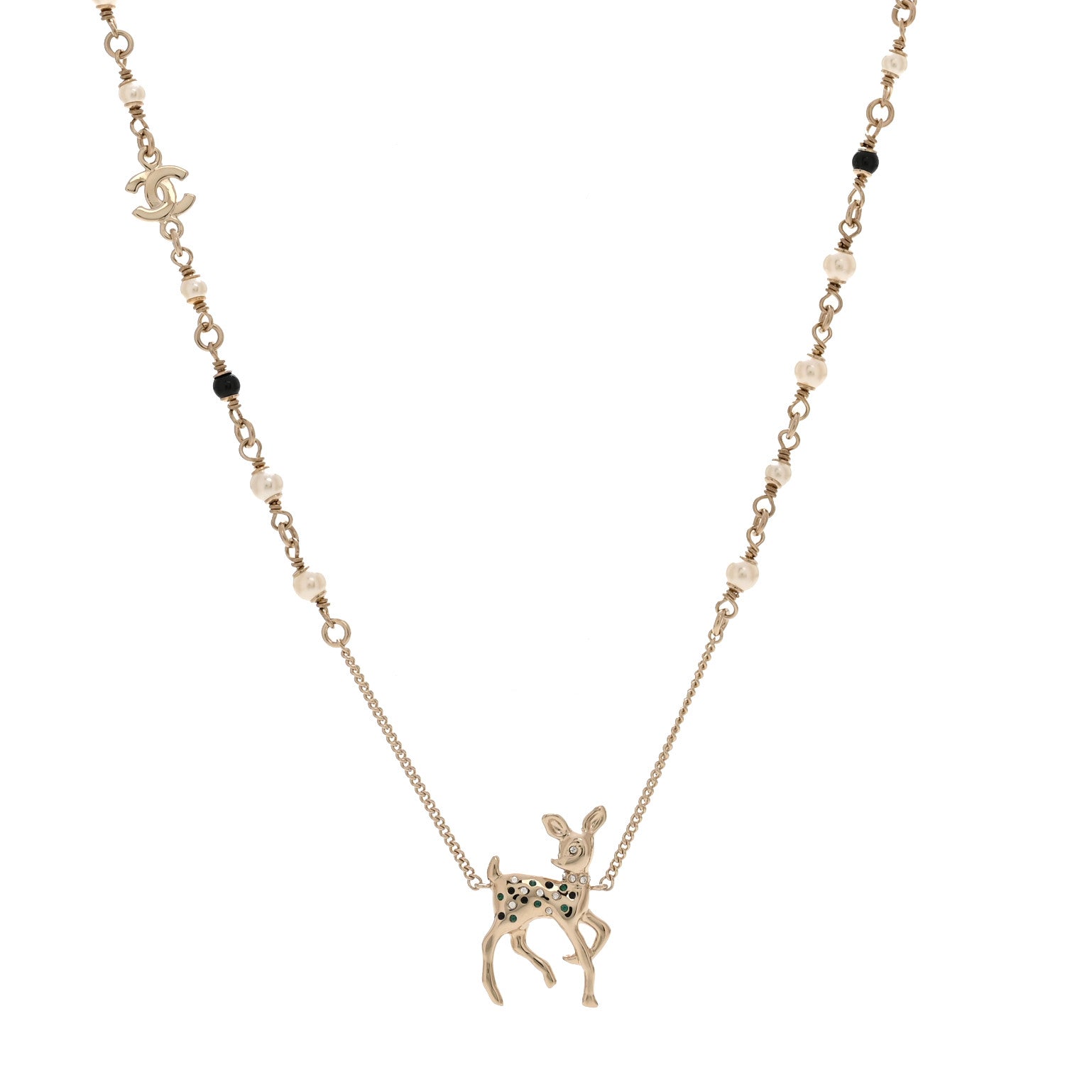 Chanel Metal Crystal Pearl Deer Pendant Necklace Green Black Gold 1 of 6
