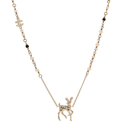Chanel Metal Crystal Pearl Deer Pendant Necklace Green Black Gold 1 of 6