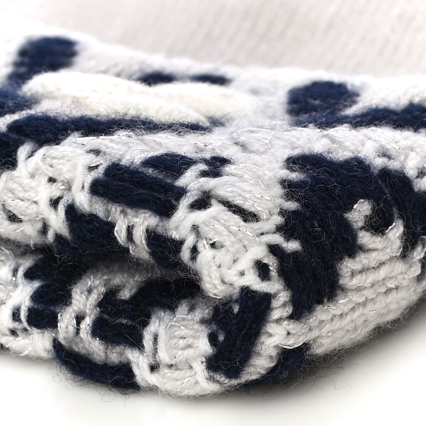 Cashmere Blend CC Beanie Hat White Navy Blue