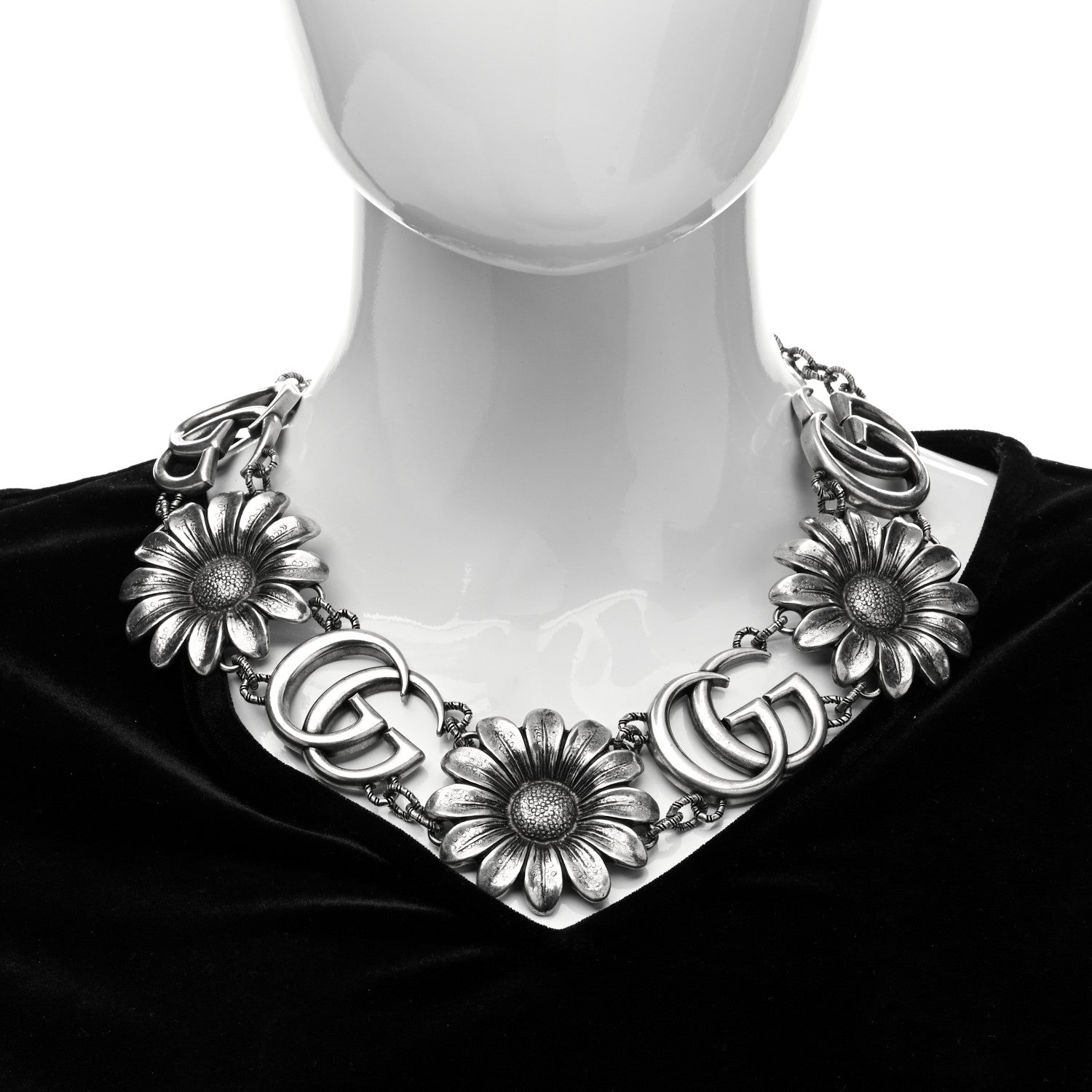 Gucci Sterling Silver Double G Flower Statement Necklace 2 of 5