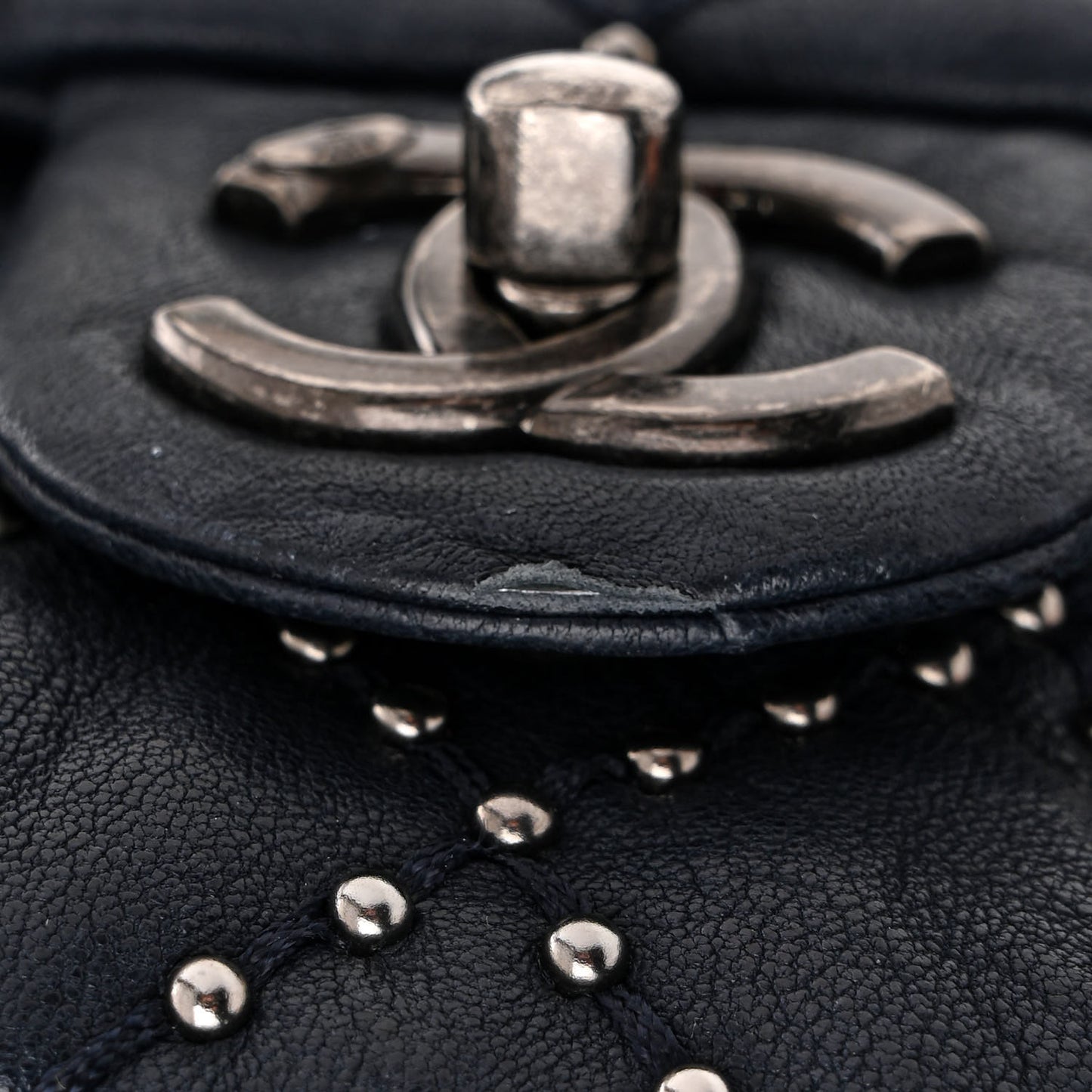 Washed Lambskin Studded Metal Beauty Flap Navy
