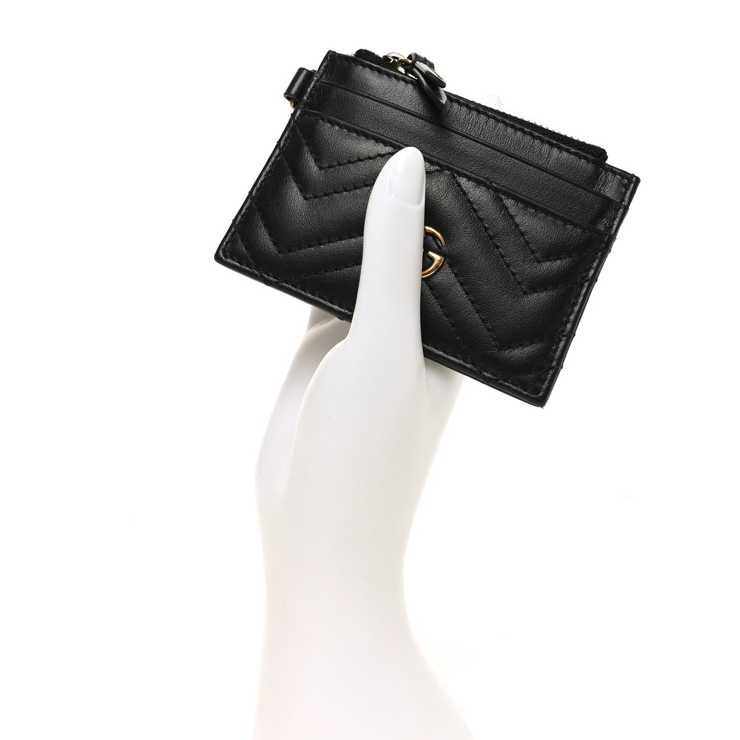 Calfskin Matelasse Chevron GG Marmont Key Case Card Holder Black