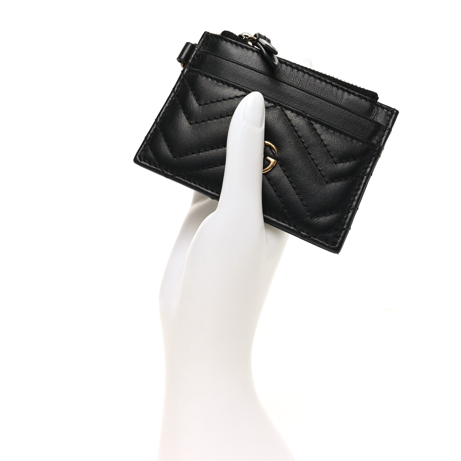 Gucci Calfskin Matelasse Chevron GG Marmont Key Case Card Holder Black 2 of 7