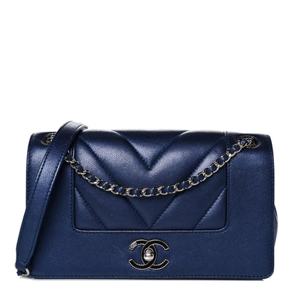 Chanel Metallic Sheepskin Chevron Quilted Medium Vintage Mademoiselle Flap Navy 1 of 9