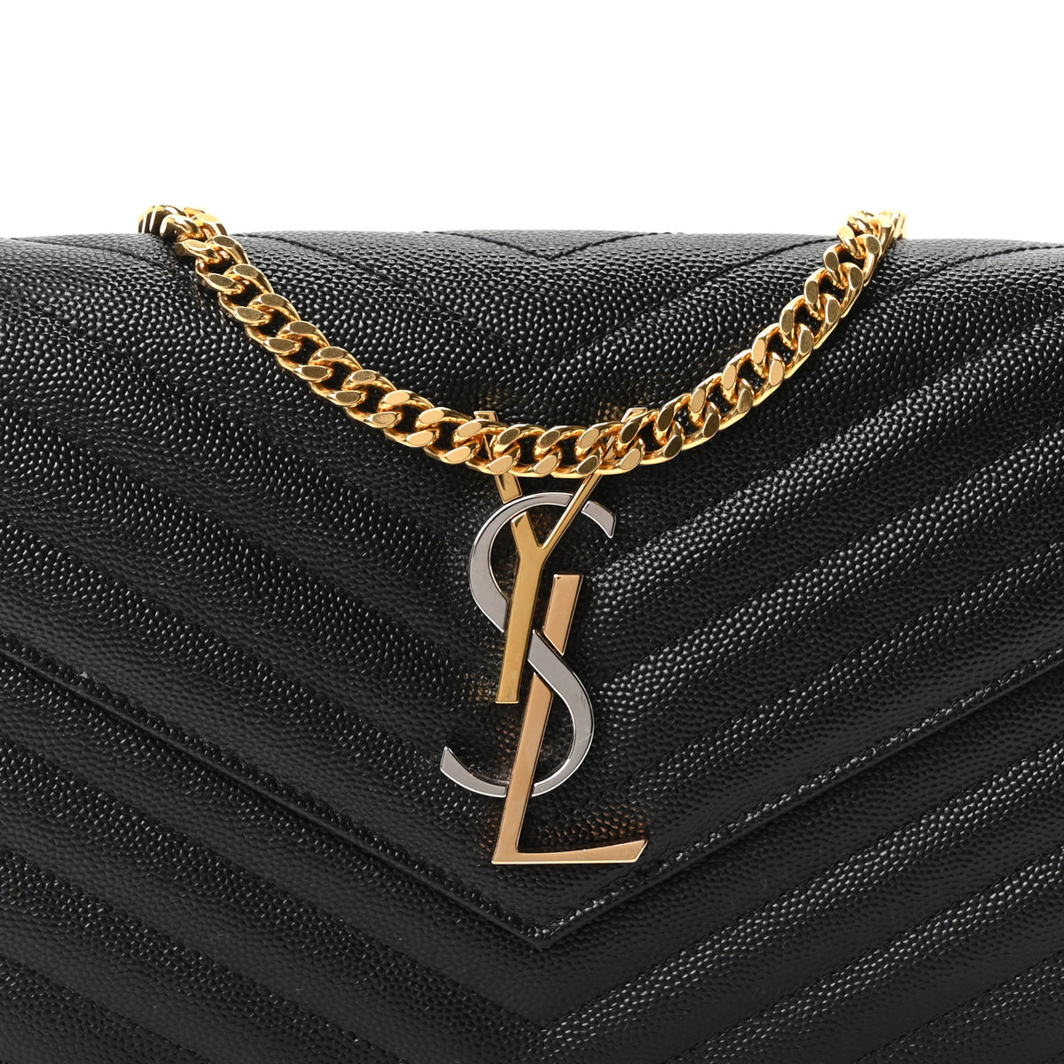 Saint Laurent Grain De Poudre Matelasse Chevron Monogram Chain Wallet Black 6 of 8