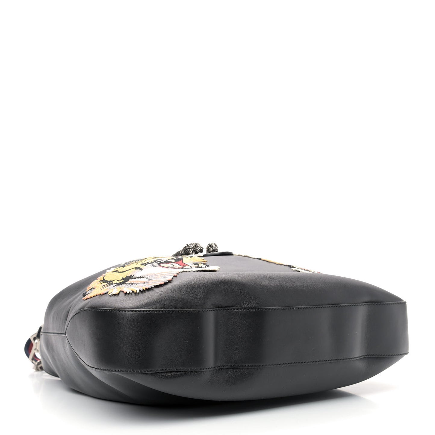 Calfskin Web Tiger Embroidered Large Dionysus Hobo Black