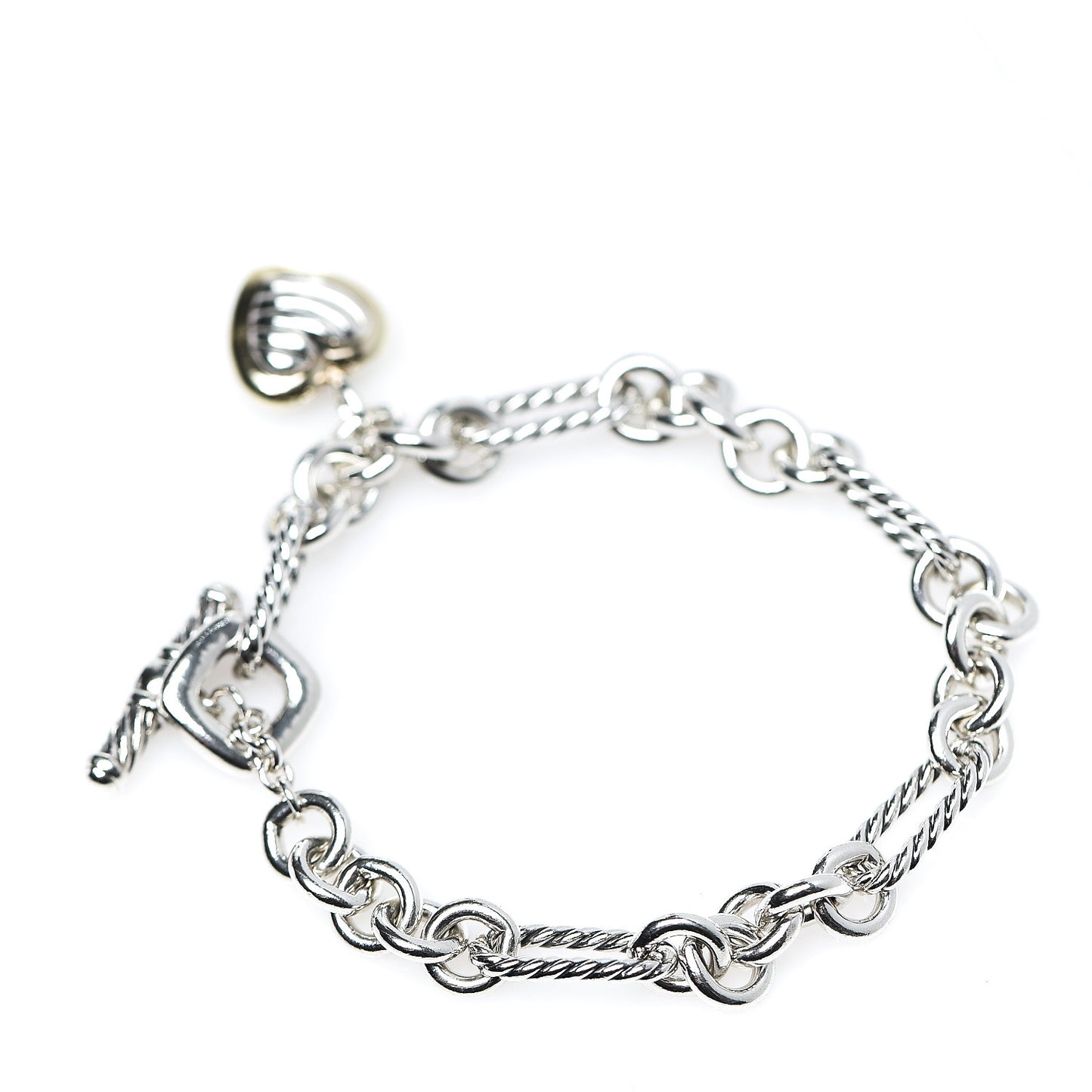 Sterling Silver 18K Yellow Gold Cable Heart Charm Bracelet