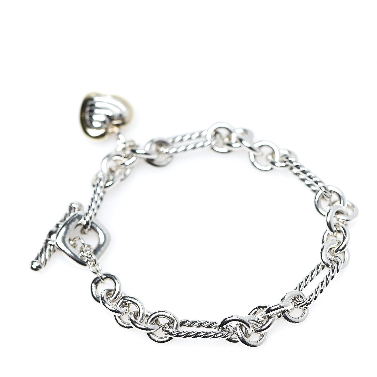 David Yurman Sterling Silver 18K Yellow Gold Cable Heart Charm Bracelet 2 of 3