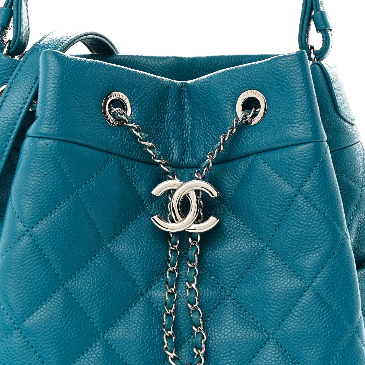 Caviar Flat Quilted CC Chain Bucket Drawstring Bag Blue