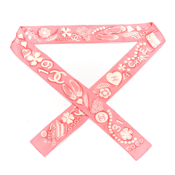 Chanel Silk CC Slim Floral Bandeau Scarf Pink Ivory 1882089