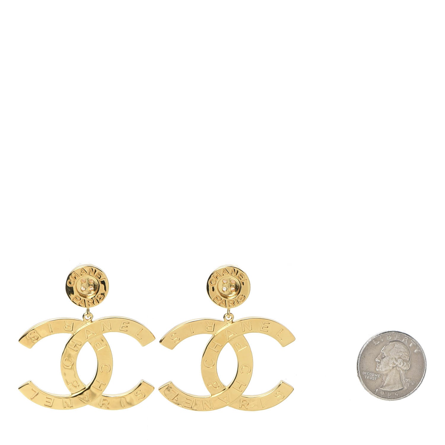Chanel Metal Large Paris Button Clip On Earrings Gold 2 of 5