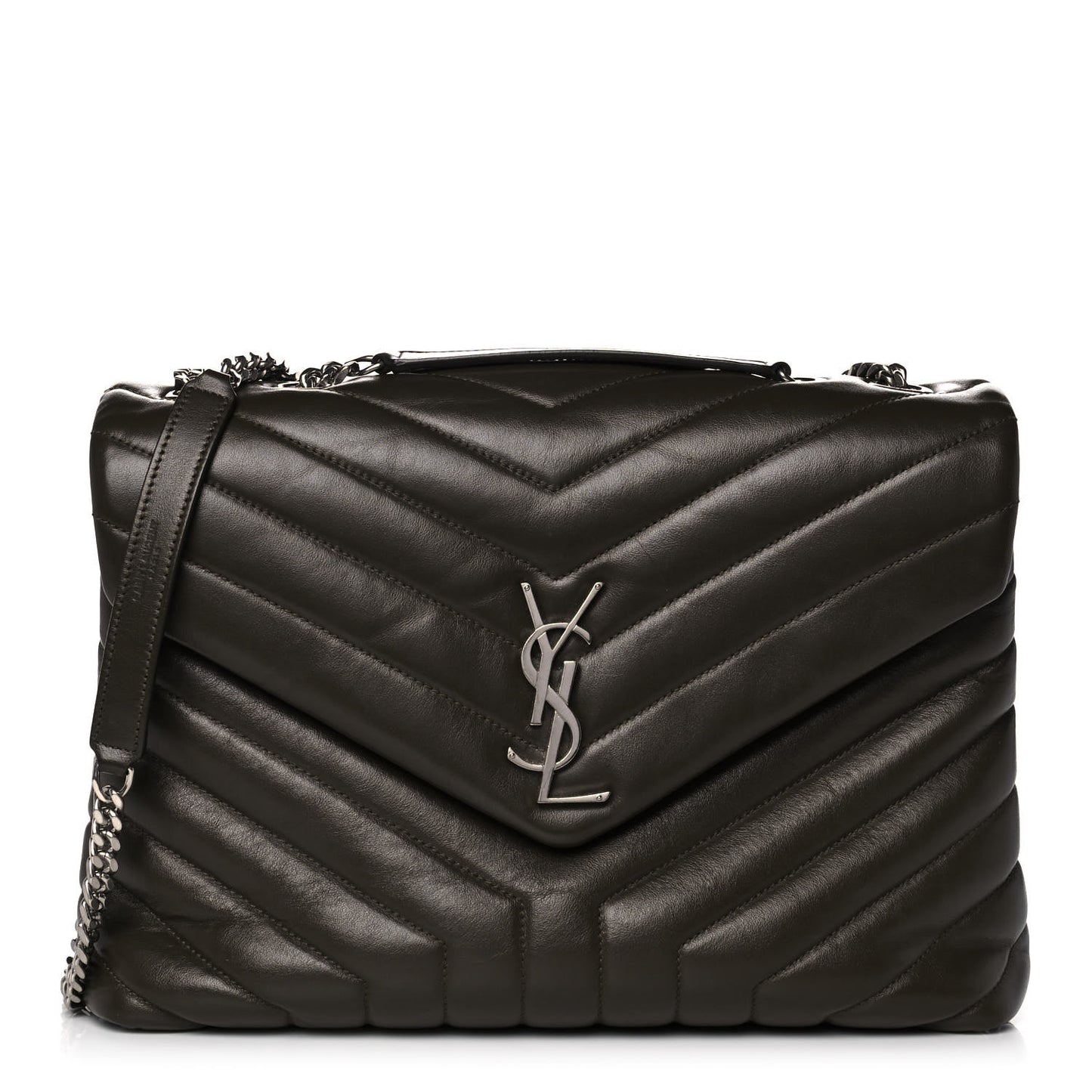 Calfskin Y Quilted Monogram Medium Loulou Chain Satchel Kaki Fonce