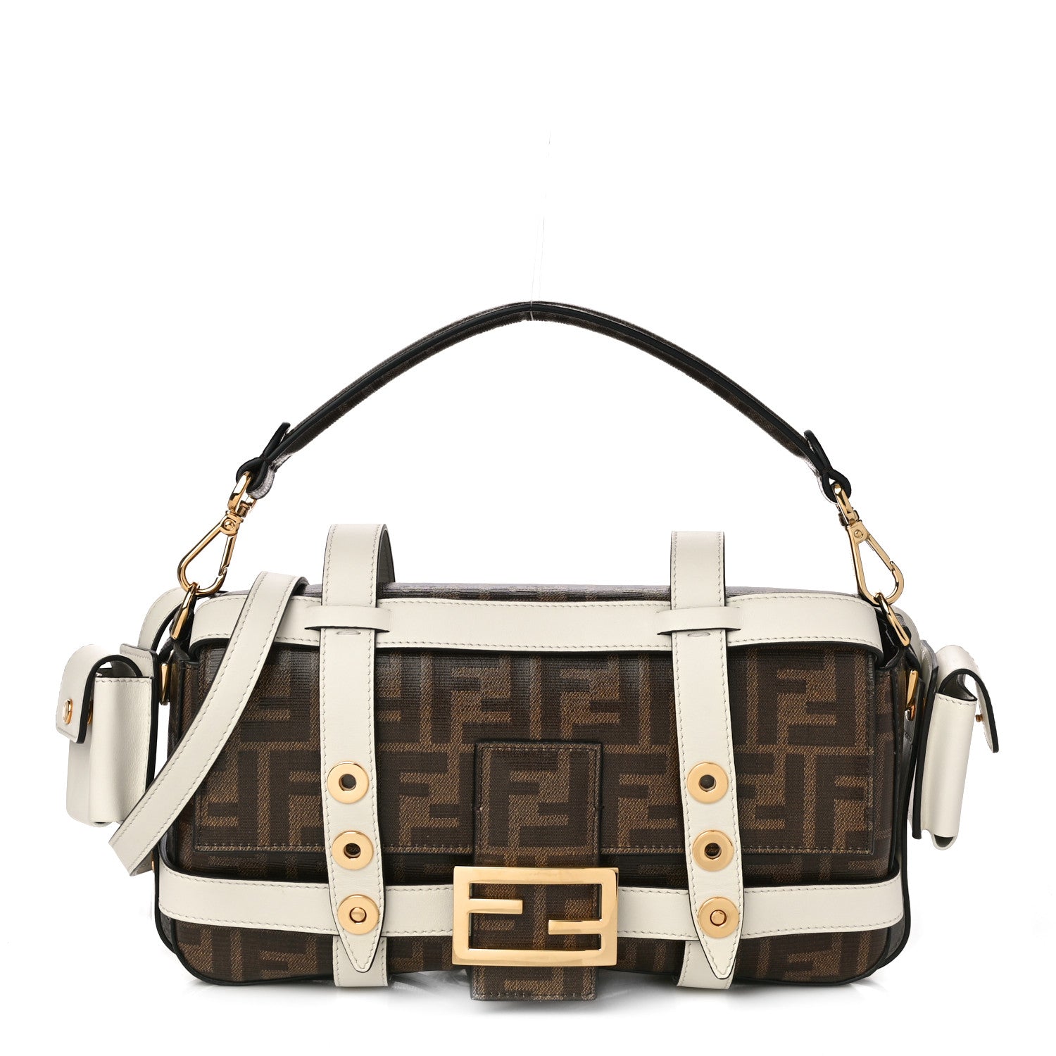 Fendi Glazed Fabric Vitello Century FF 1974 Large Baguette Cage Mogano Panna White Ice 1 of 9