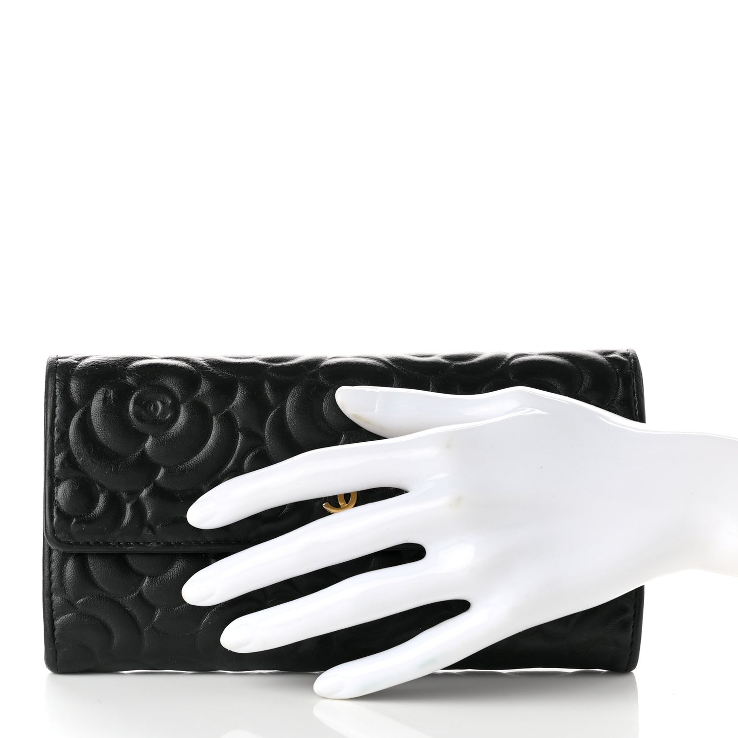 Lambskin Camellia Embossed Large Gusset Flap Wallet Black