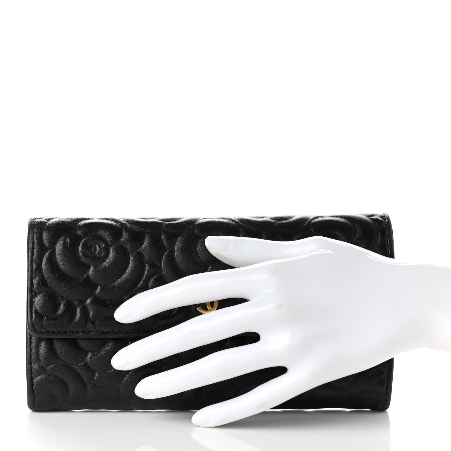 Chanel Lambskin Camellia Embossed Large Gusset Flap Wallet Black 2 of 8