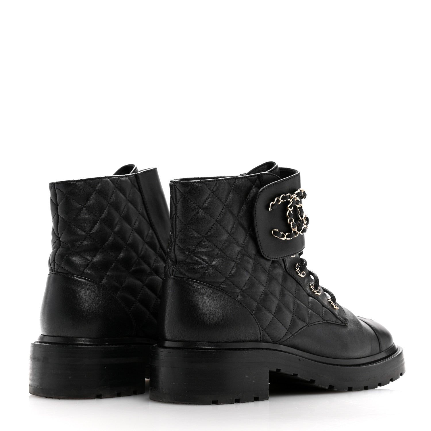 Chanel Shiny Goatskin Calfskin Quilted Lace Up Combat Boots 40 Black 5 of 10