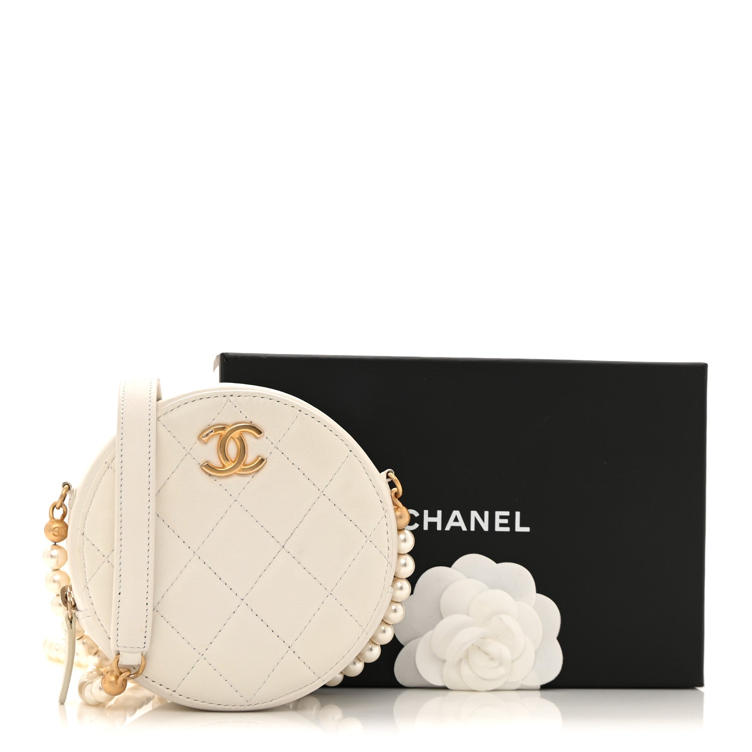 Chanel Calfskin Quilted Pearl Round Clutch With Chain White 13 of 13