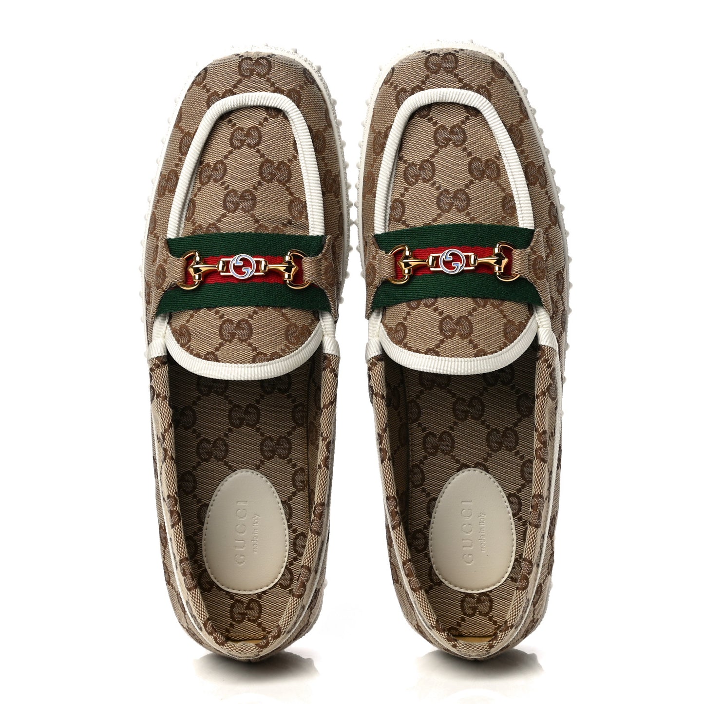GG Monogram Horsebit Web Womens Driver Loafers 41 Beige Ebony White