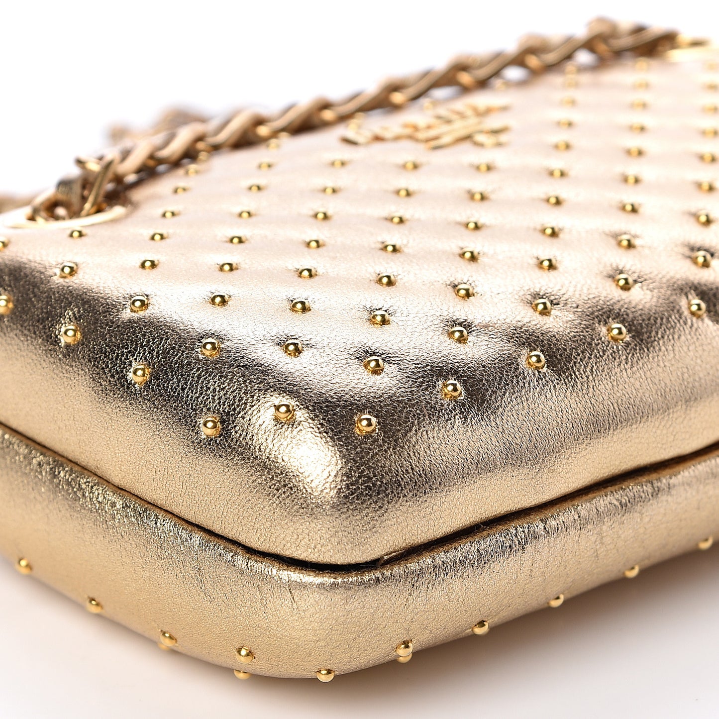 Metallic Nappa Studded Chain Clutch Platino
