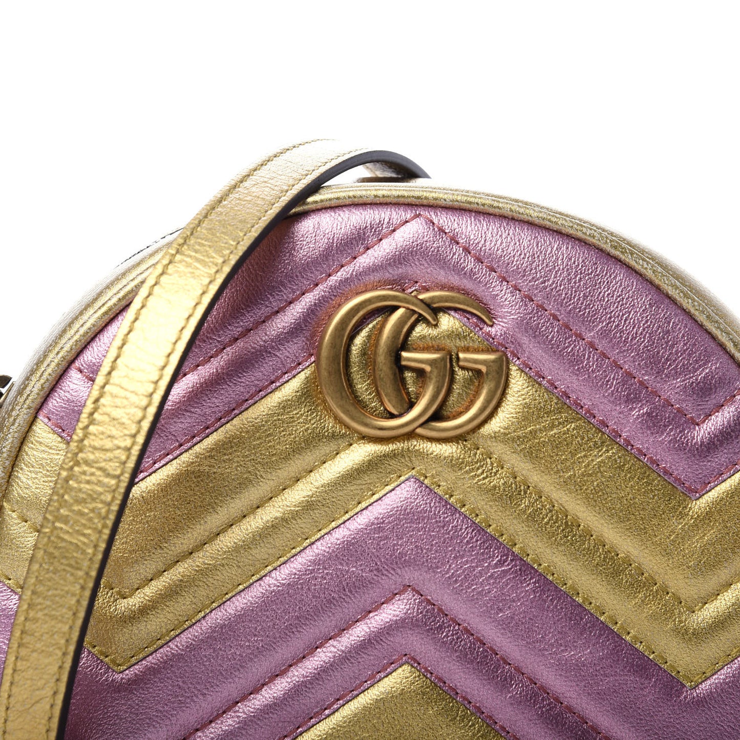 Metallic Calfskin Matelasse Mini GG Marmont Round Shoulder Bag Gold Pink