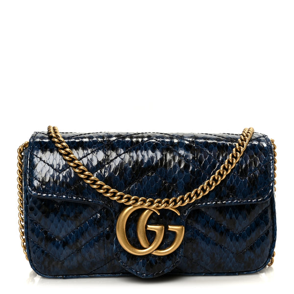 Gucci Snakeskin Matelasse Super Mini GG Marmont Shoulder Bag Blue
