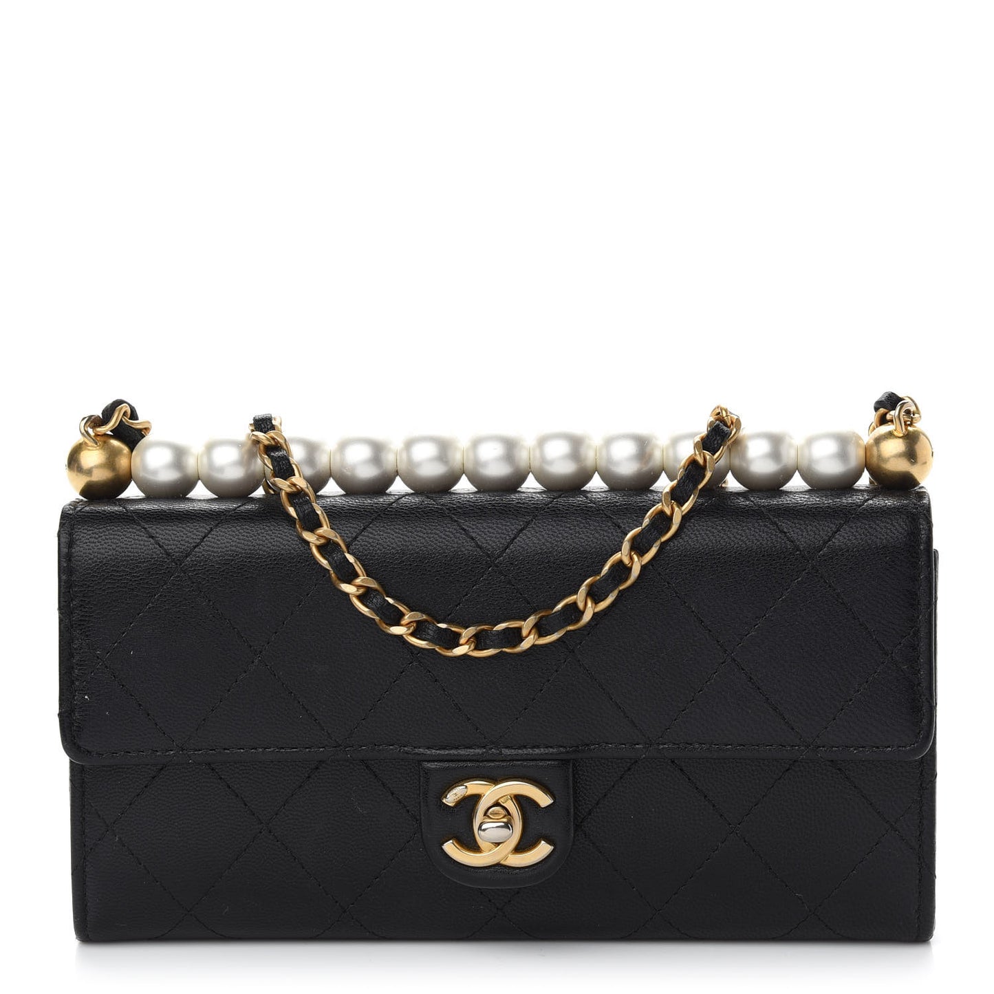 Goatskin Quilted Chic Pearls Clutch With Chain Black