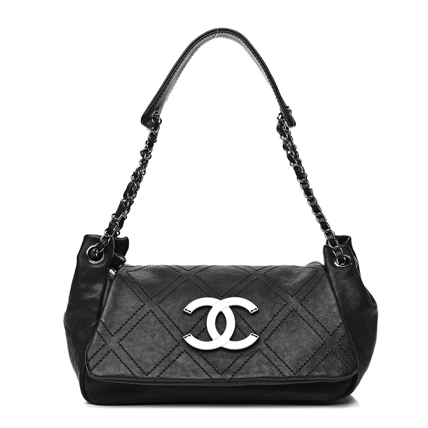 Calfskin Diamond Stitch Accordion Flap Black