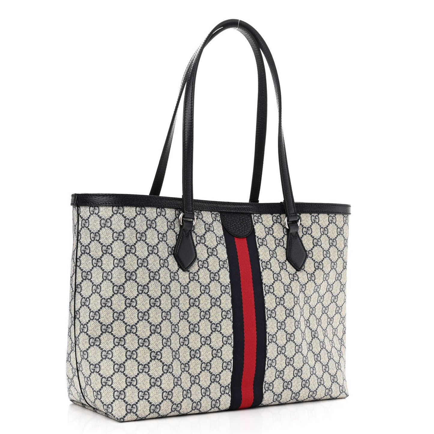 GG Supreme Monogram Textured Calfskin Web Medium Ophidia Shopping Tote Beige Blue