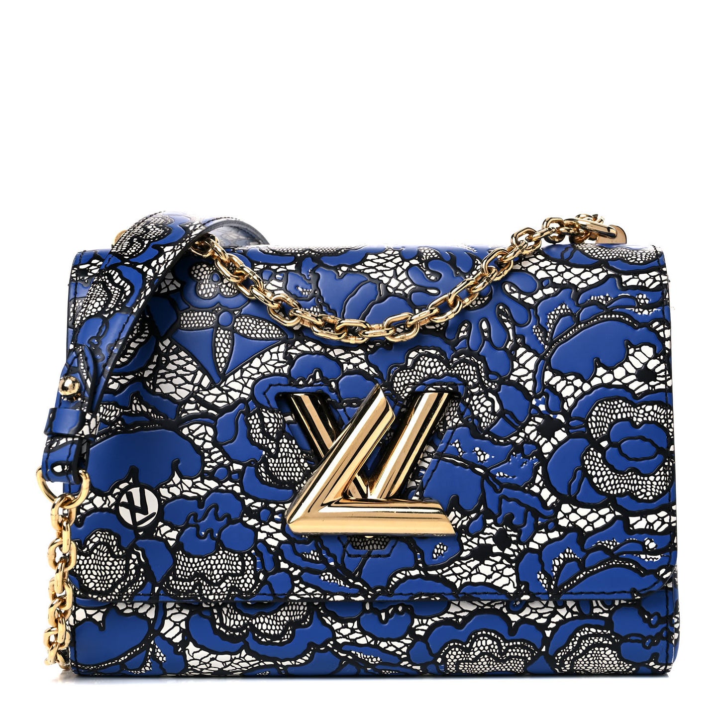 Calfskin Lace Flower Inlay Twist Shoulder Bag MM Navy Black