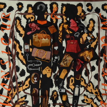 Hermes Silk Monsieur et Madame II Scarf 90 Chocolat Ivory Black 1 of 7