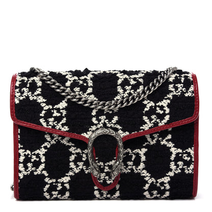 Gucci Tweed GG Monogram Mini Dionysus Chain Wallet Black White Romantic Cherry 1 of 10