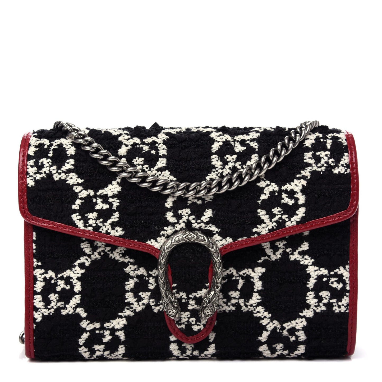 Tweed GG Monogram Mini Dionysus Chain Wallet Black White Romantic Cherry