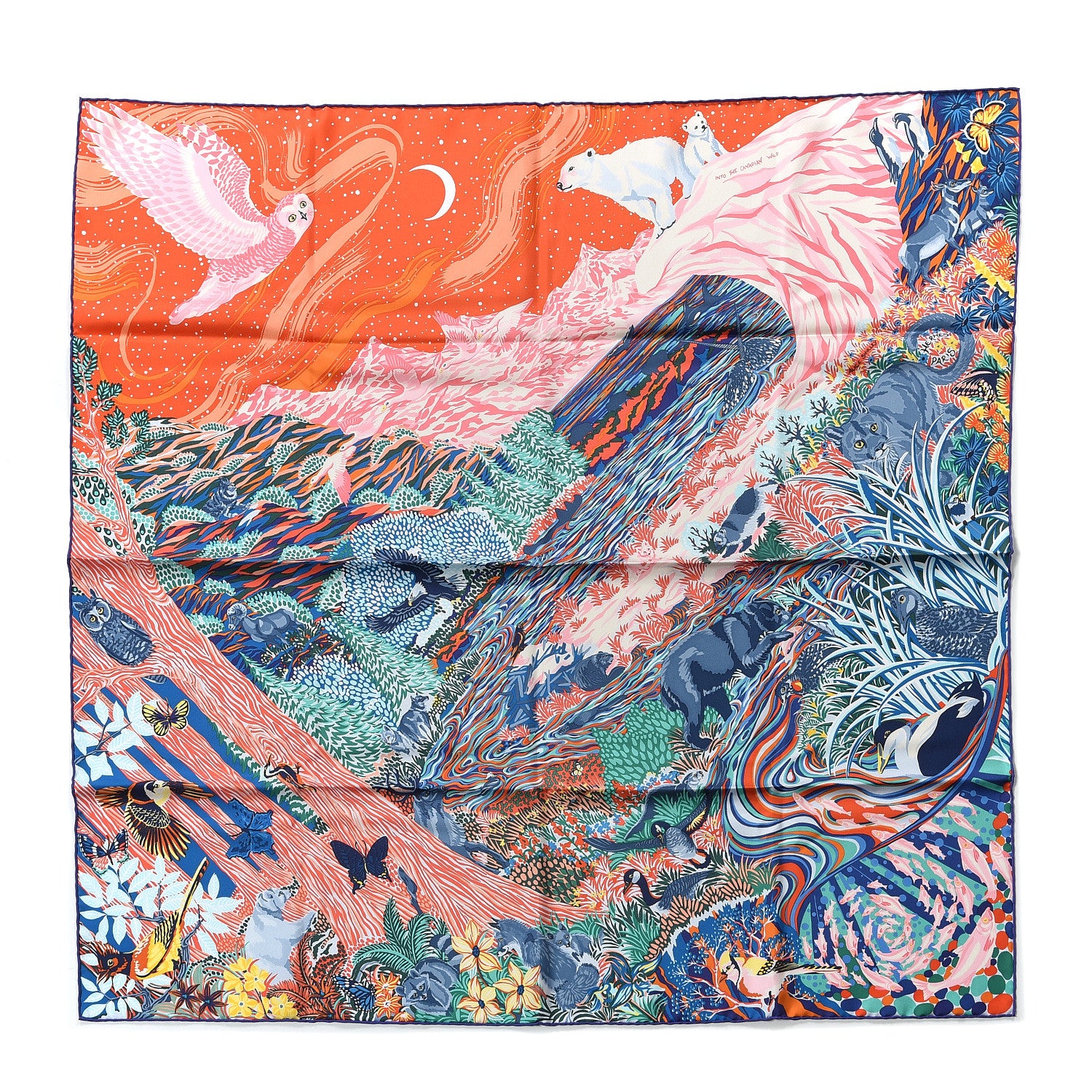 Hermes Silk Into The Canadian Wild Scarf 90 Orange Vert Bleu 1 of 4