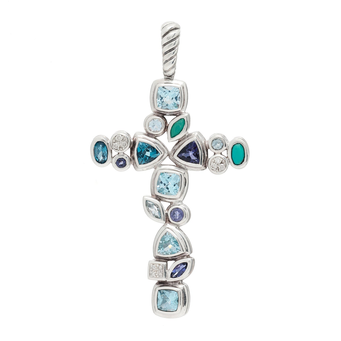 Sterling Silver Diamond Blue Topaz Turquoise Iolite Mosaic Cross Pendant