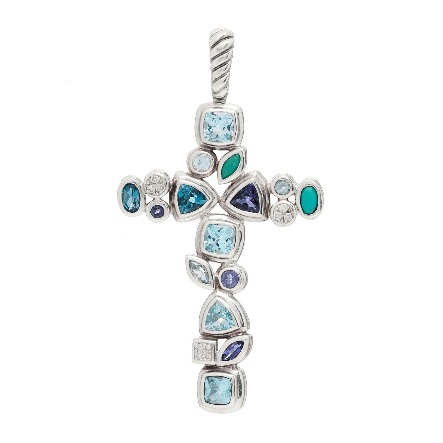 David Yurman Sterling Silver Diamond Blue Topaz Turquoise Iolite Mosaic Cross Pendant 1 of 5