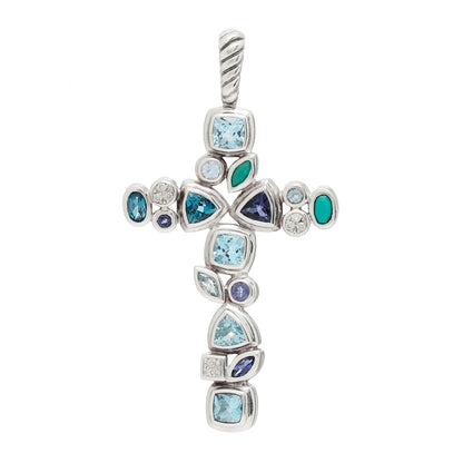 David Yurman Sterling Silver Diamond Blue Topaz Turquoise Iolite Mosaic Cross Pendant 1 of 5