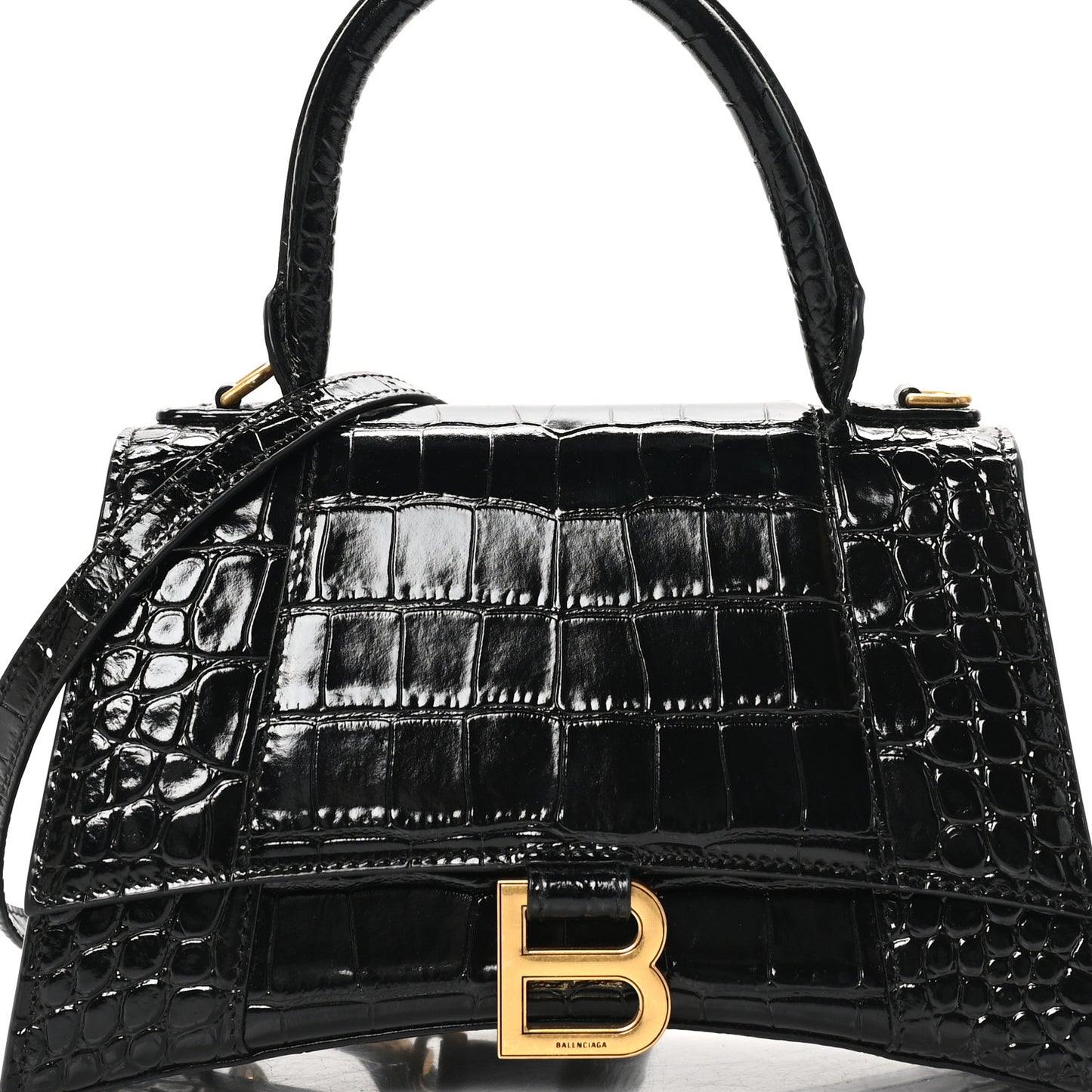 Shiny Calfskin Crocodile Embossed Small Hourglass Top Handle Bag Black
