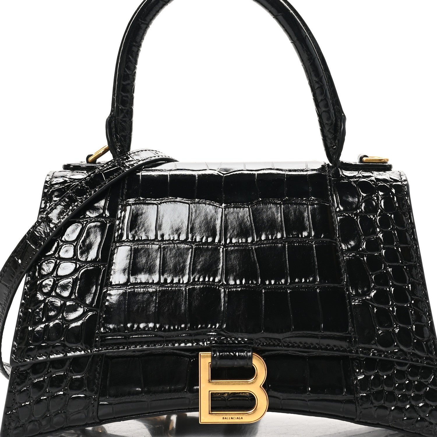 Balenciaga Shiny Calfskin Crocodile Embossed Small Hourglass Top Handle Bag Black 8 of 11