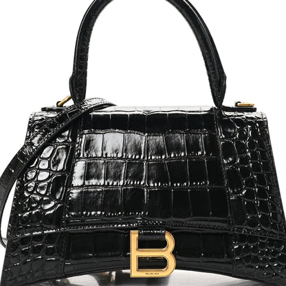 Balenciaga Shiny Calfskin Crocodile Embossed Small Hourglass Top Handle Bag Black 8 of 11