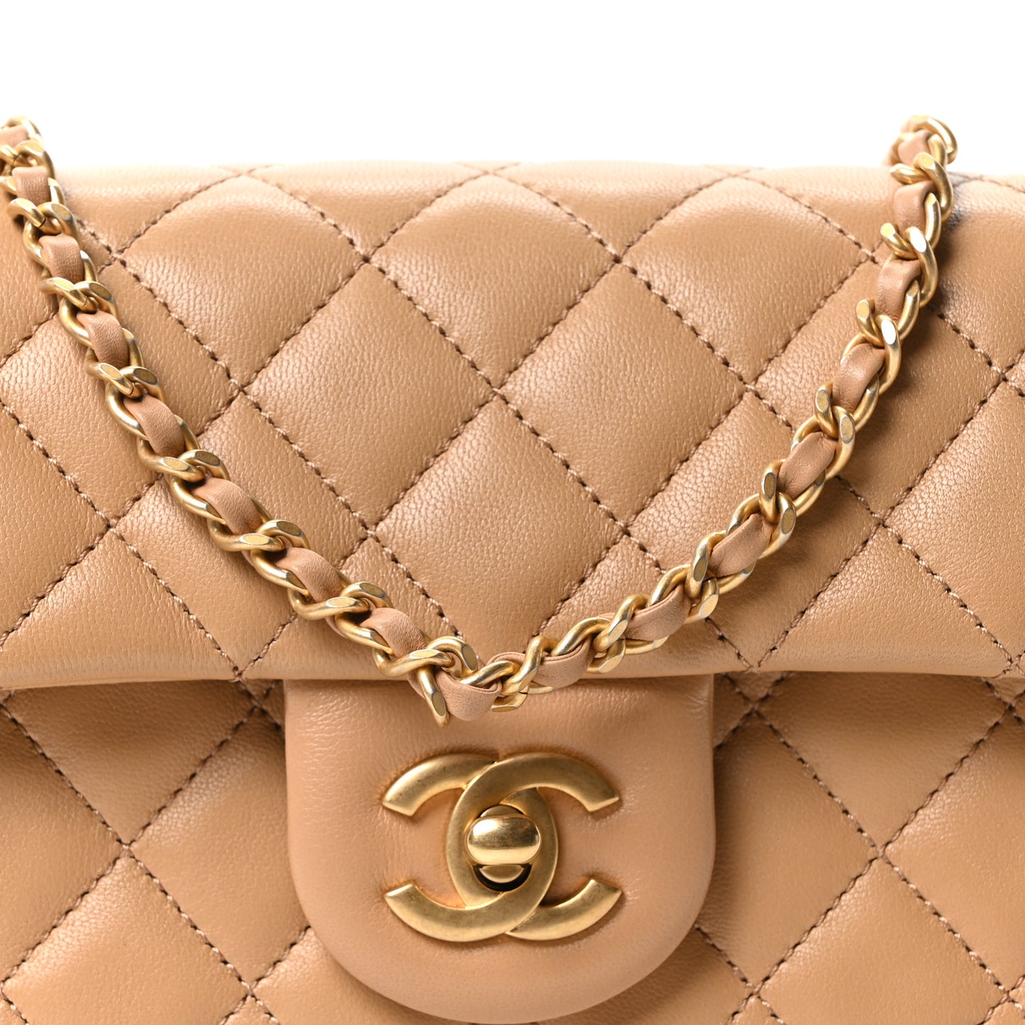 Lambskin Quilted Mini Rectangular Pearl Crush Flap Dark Beige