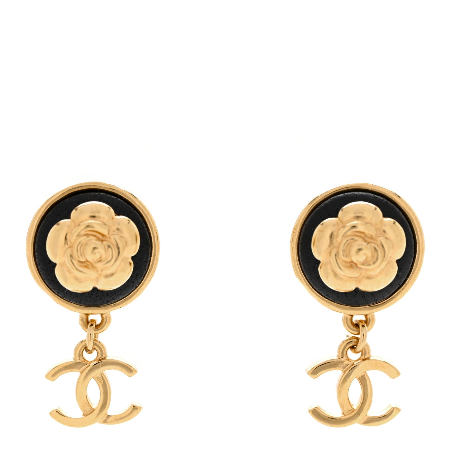 Metal Lambskin Camellia CC Drop Earrings Gold Black